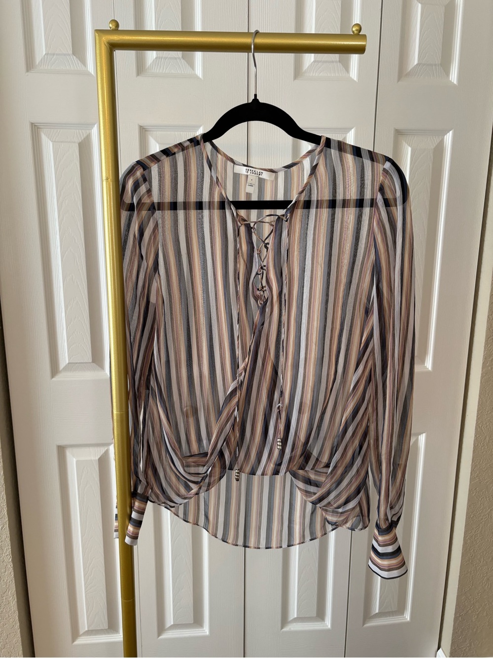 Derek‎ Lam Top SheerLace-Up Long-Sleeve Blouse Neutral Multi-Stripe Size 6 Boho
